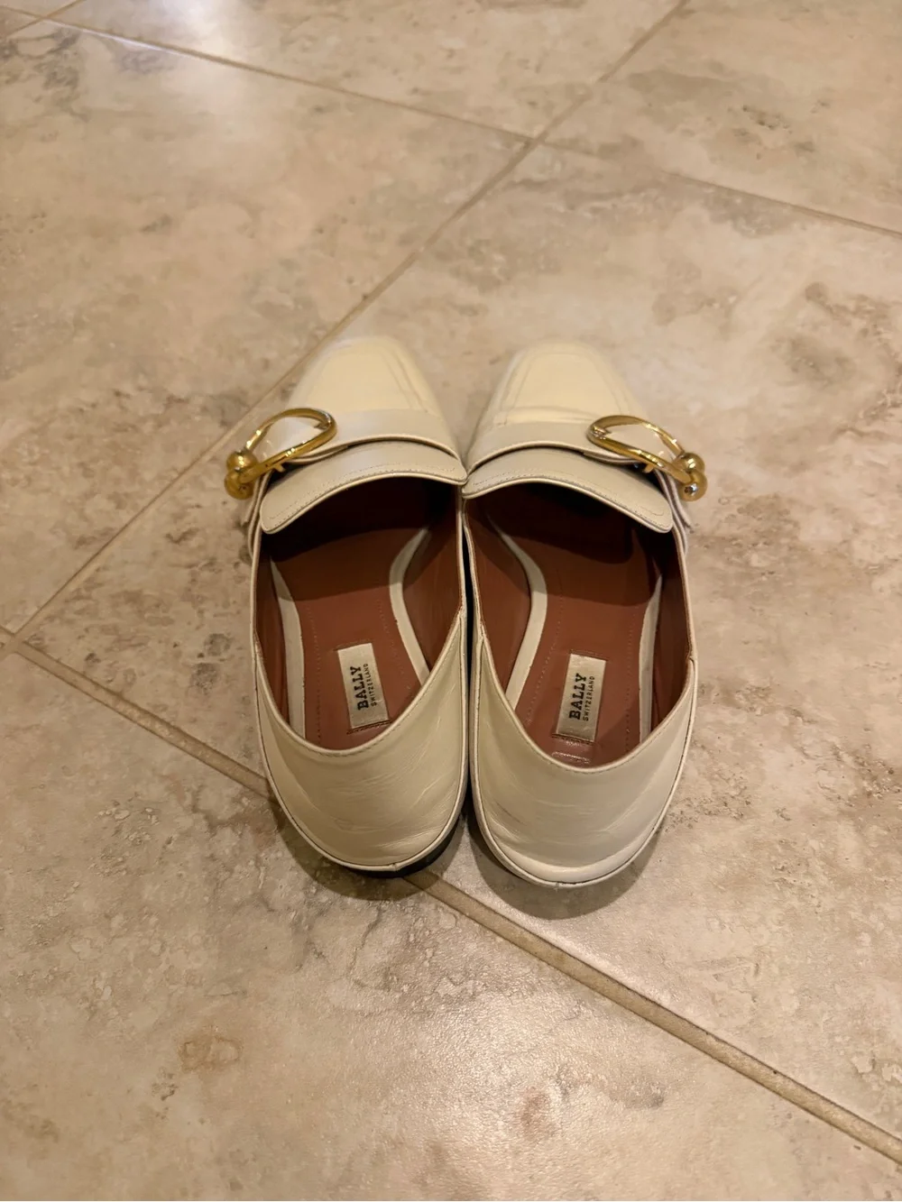 Bally Cream Leather Loafers with Gold Ring Accent